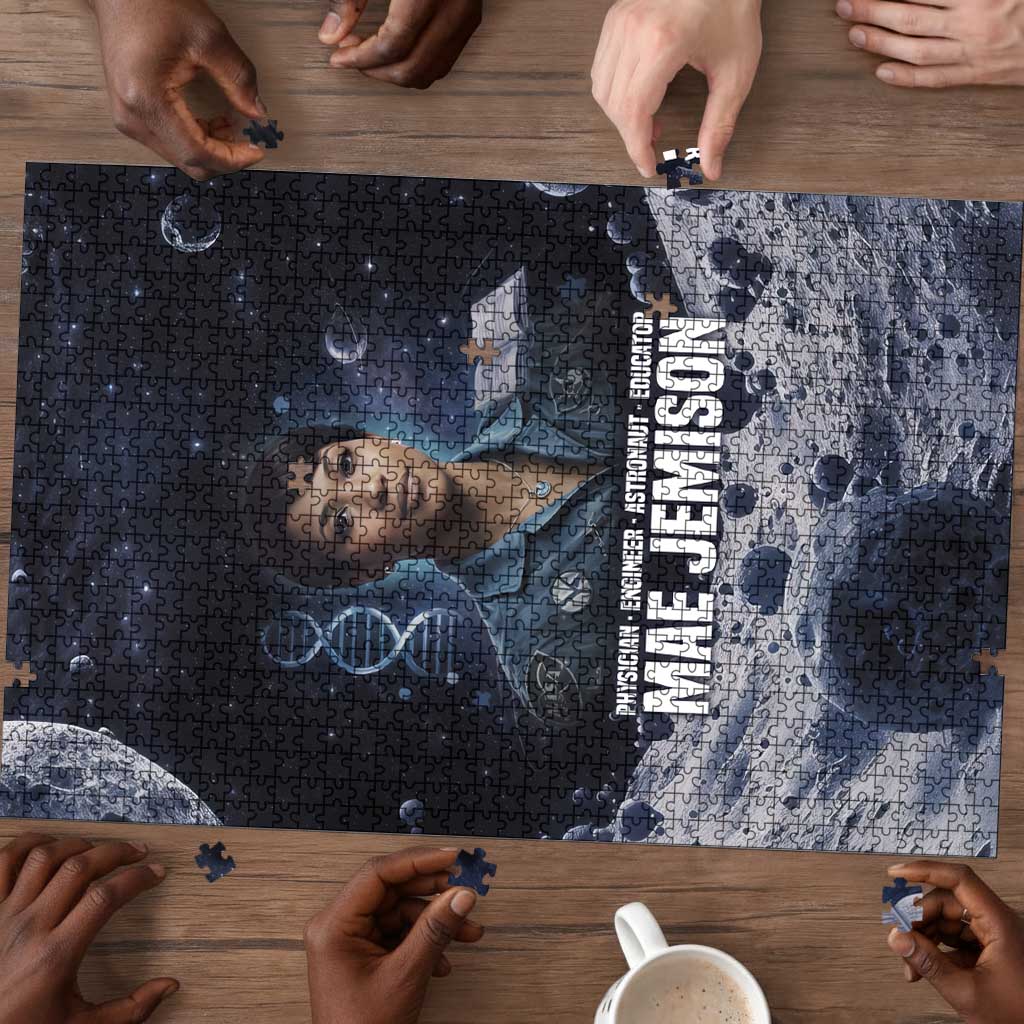 Mae Jemison Puzzle with Space Portrait Design, Science Has No Boundaries Quote and DNA Book Elements - African Pride