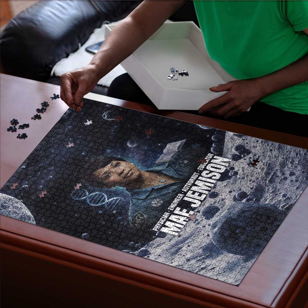 Mae Jemison Puzzle with Space Portrait Design, Science Has No Boundaries Quote and DNA Book Elements - African Pride