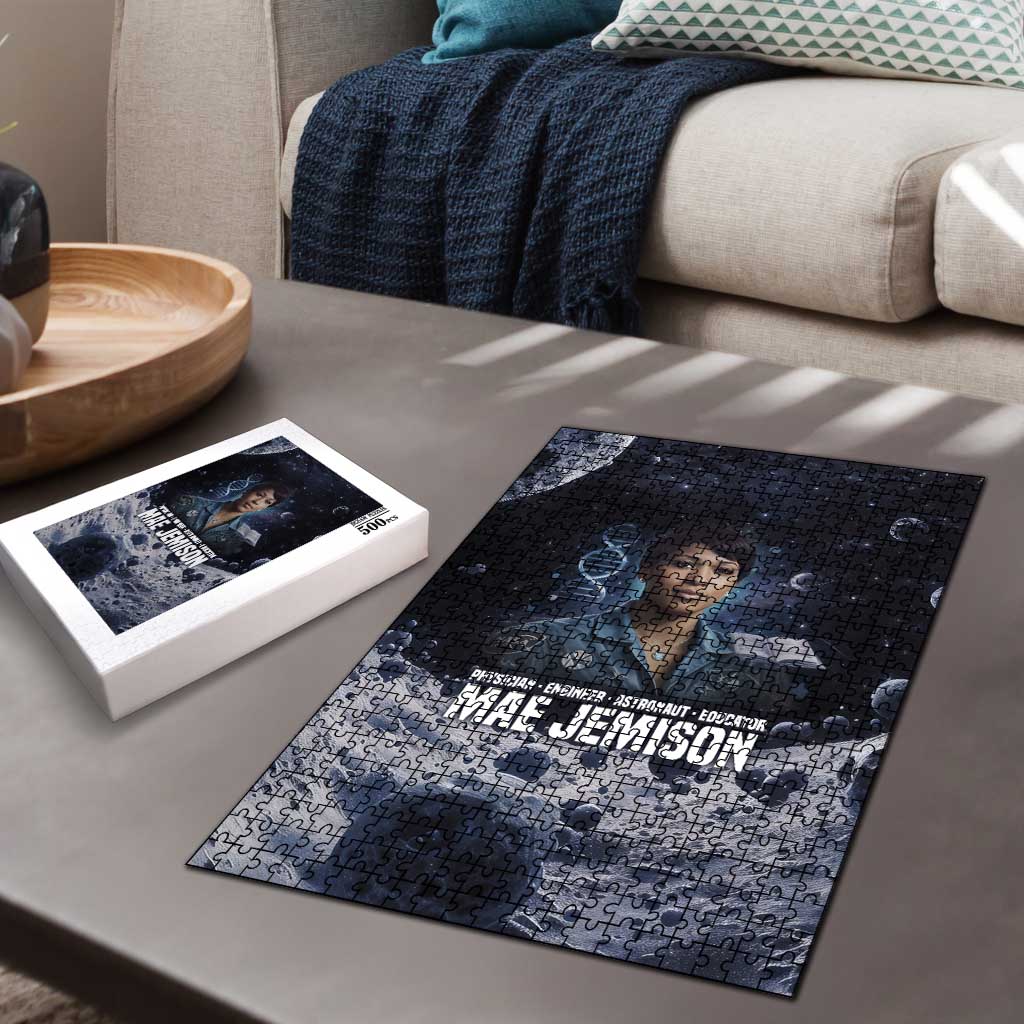 Mae Jemison Puzzle with Space Portrait Design, Science Has No Boundaries Quote and DNA Book Elements - African Pride