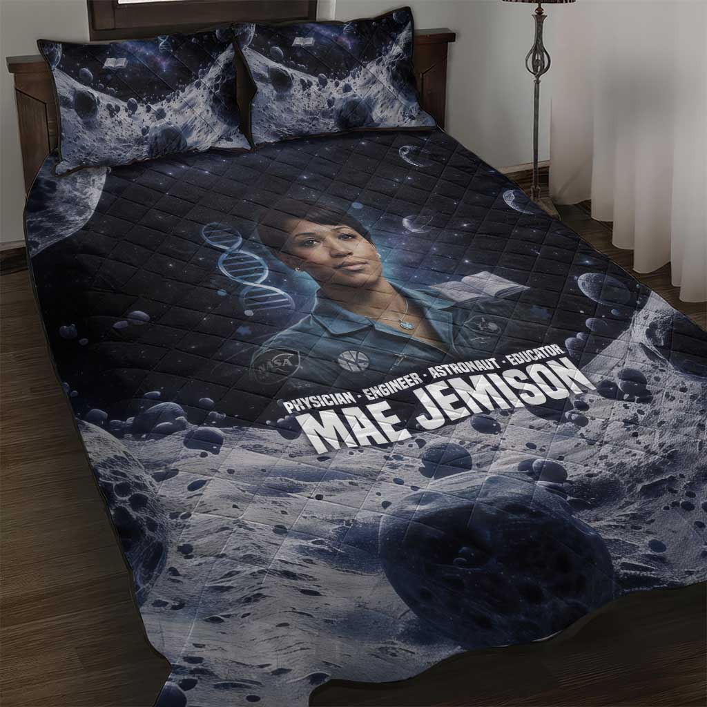 Mae Jemison Quilt Bed Set with Space Portrait Design, Science Has No Boundaries Quote and DNA Book Elements - African Pride
