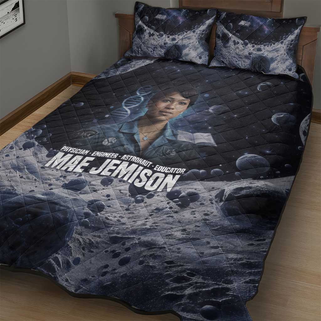 Mae Jemison Quilt Bed Set with Space Portrait Design, Science Has No Boundaries Quote and DNA Book Elements - African Pride