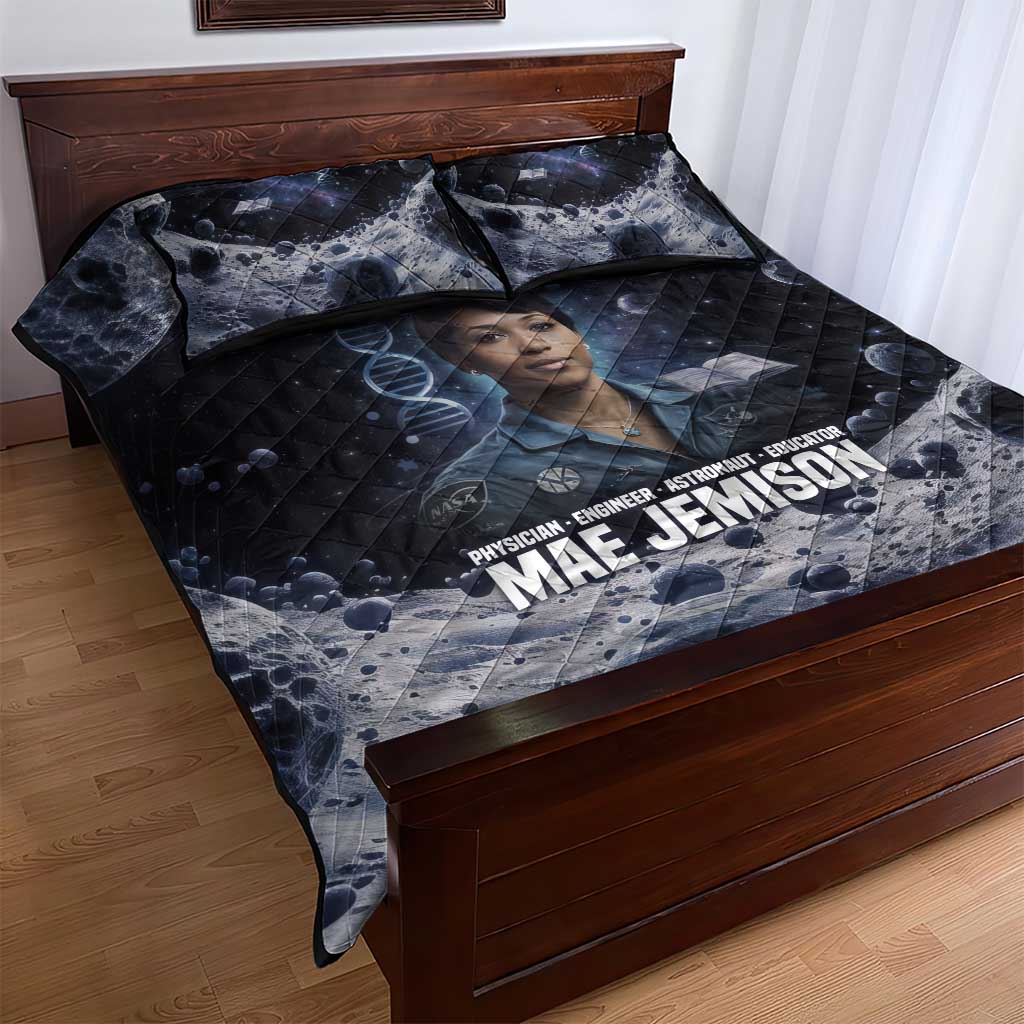 Mae Jemison Quilt Bed Set with Space Portrait Design, Science Has No Boundaries Quote and DNA Book Elements - African Pride