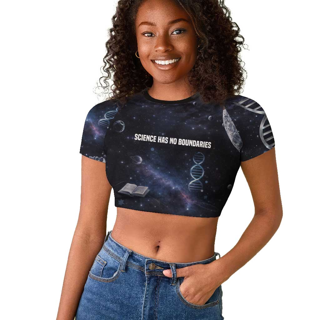 Mae Jemison Raglan Cropped T shirt with Space Portrait Design, Science Has No Boundaries Quote and DNA Book Elements - African Pride