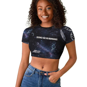 Mae Jemison Raglan Cropped T shirt with Space Portrait Design, Science Has No Boundaries Quote and DNA Book Elements - African Pride