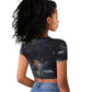 Mae Jemison Raglan Cropped T shirt with Space Portrait Design, Science Has No Boundaries Quote and DNA Book Elements - African Pride