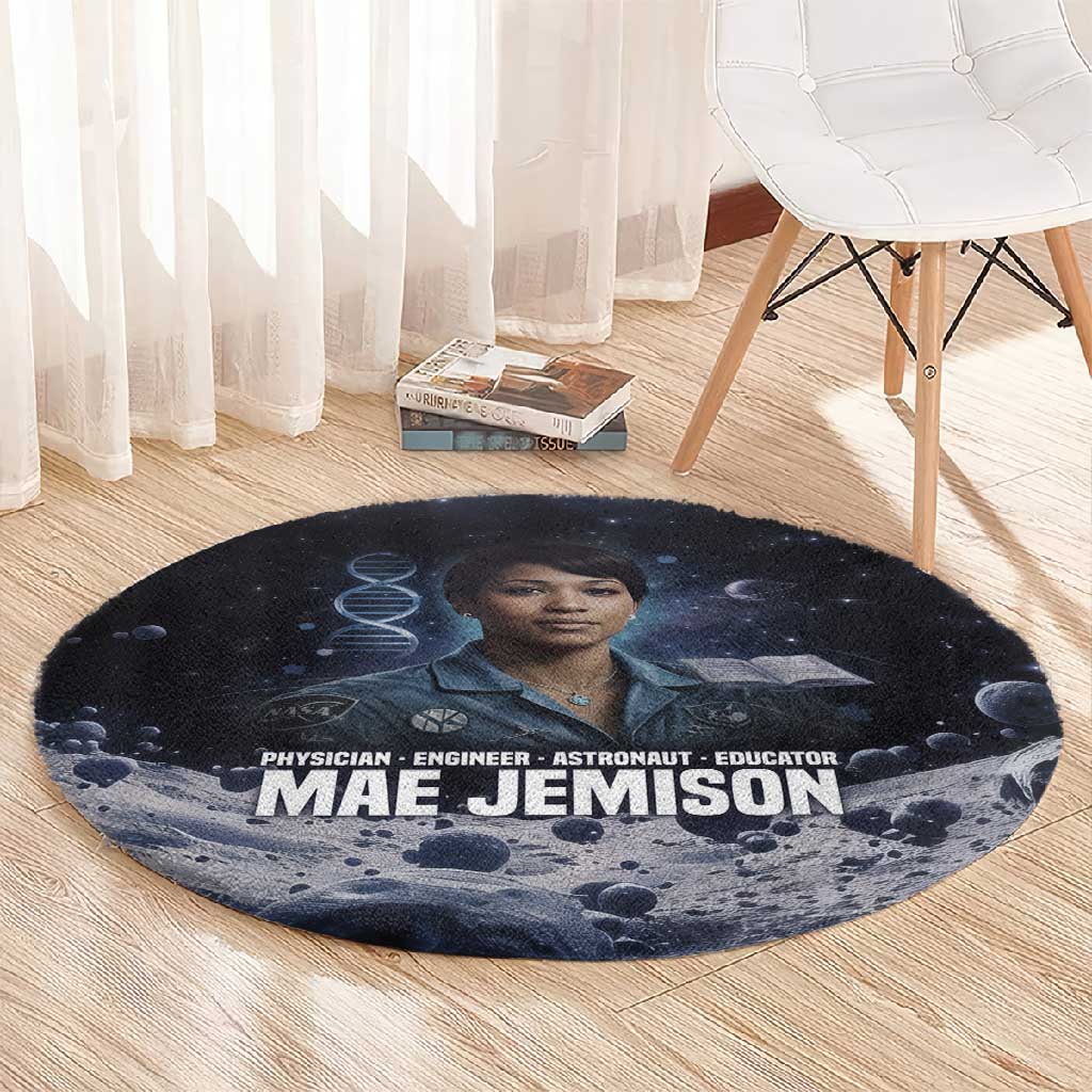 Mae Jemison Round Carpet with Space Portrait Design, Science Has No Boundaries Quote and DNA Book Elements - African Pride