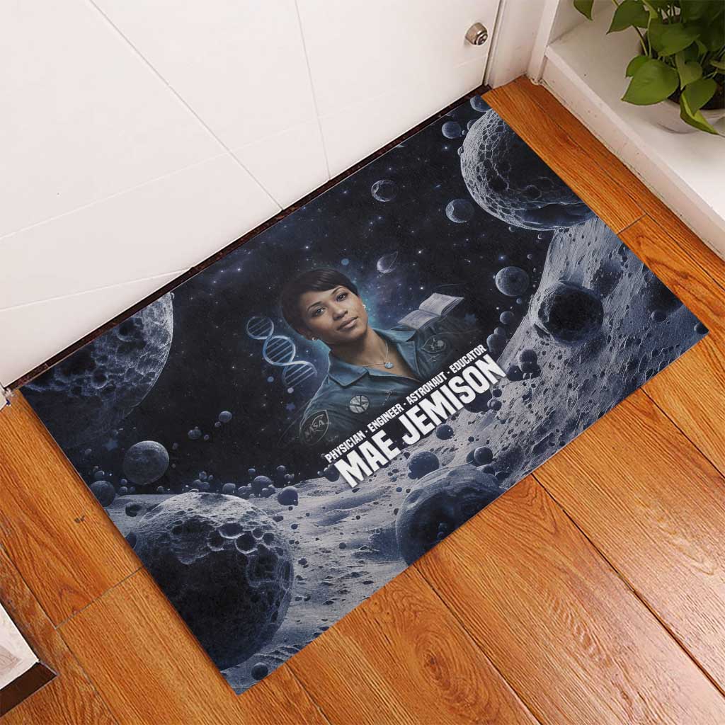 Mae Jemison Rubber Doormat with Space Portrait Design, Science Has No Boundaries Quote and DNA Book Elements - African Pride