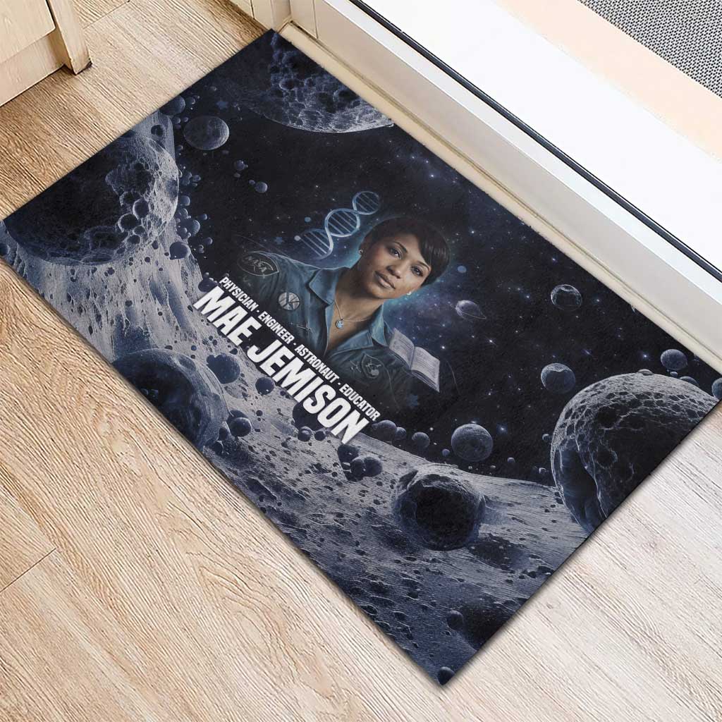 Mae Jemison Rubber Doormat with Space Portrait Design, Science Has No Boundaries Quote and DNA Book Elements - African Pride