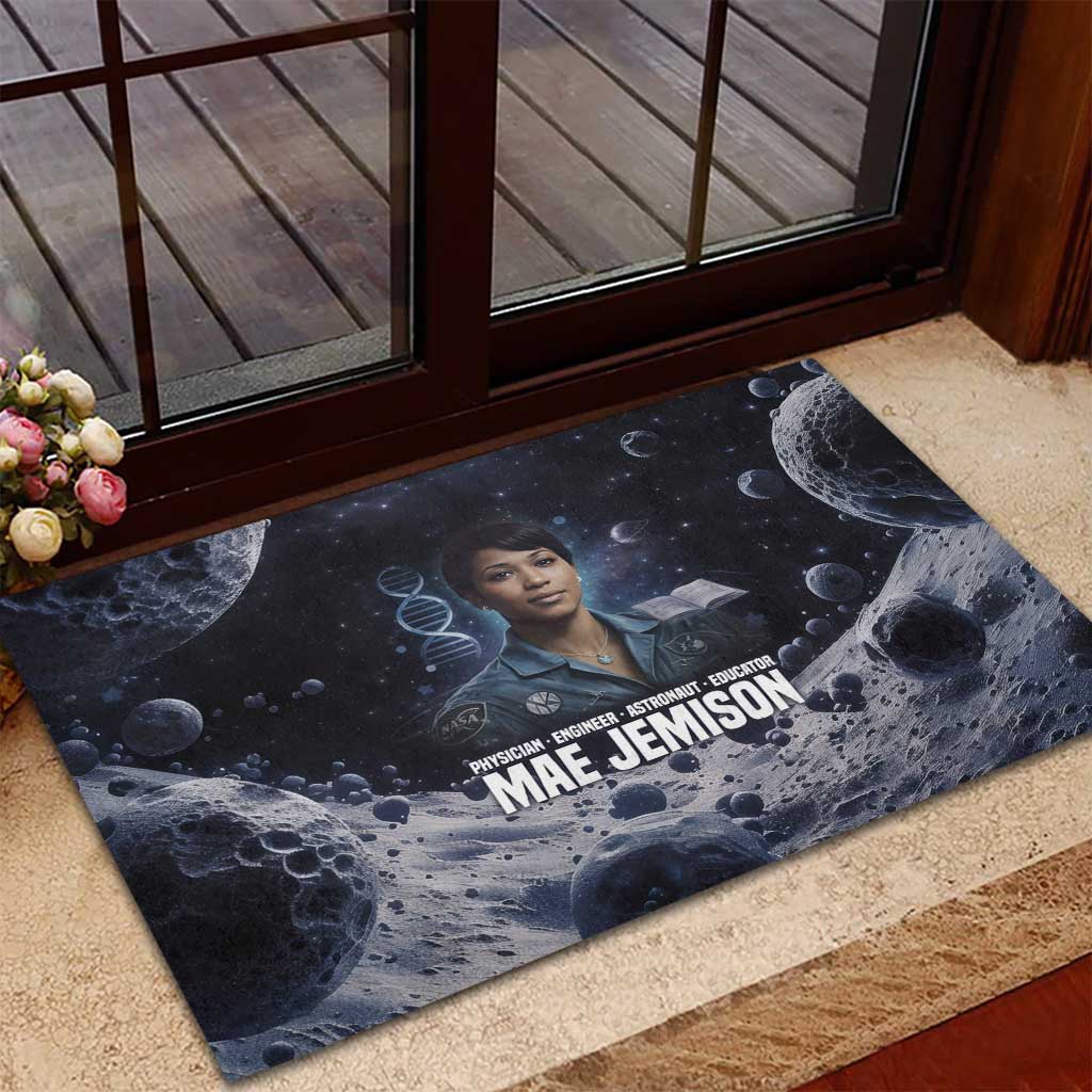 Mae Jemison Rubber Doormat with Space Portrait Design, Science Has No Boundaries Quote and DNA Book Elements - African Pride
