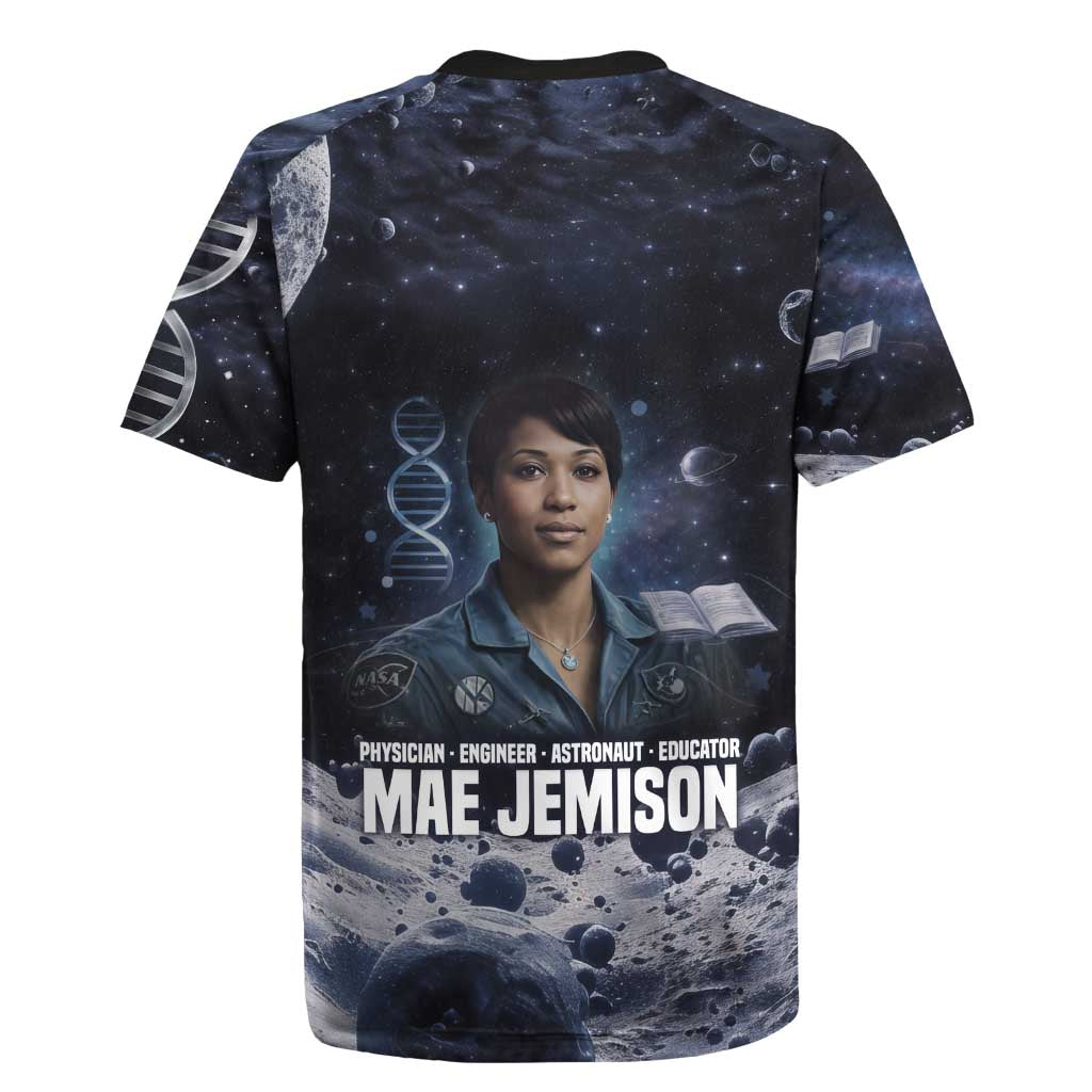 Mae Jemison Rugby Jersey with Space Portrait Design, Science Has No Boundaries Quote and DNA Book Elements - African Pride