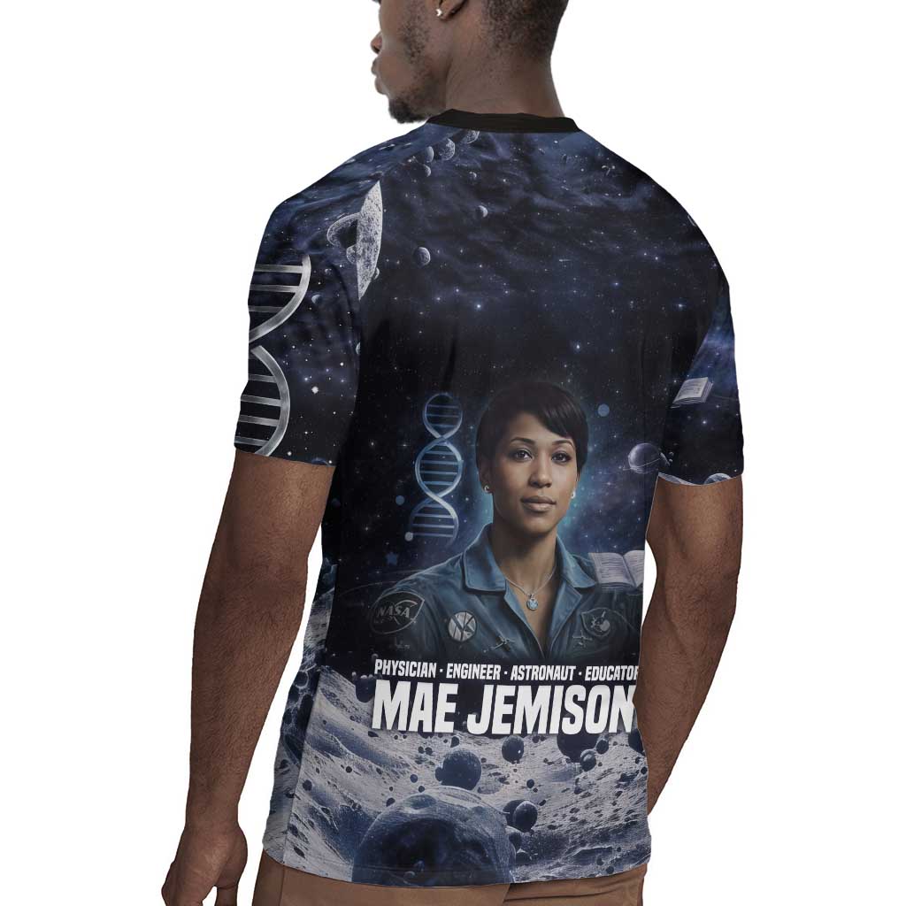 Mae Jemison Rugby Jersey with Space Portrait Design, Science Has No Boundaries Quote and DNA Book Elements - African Pride