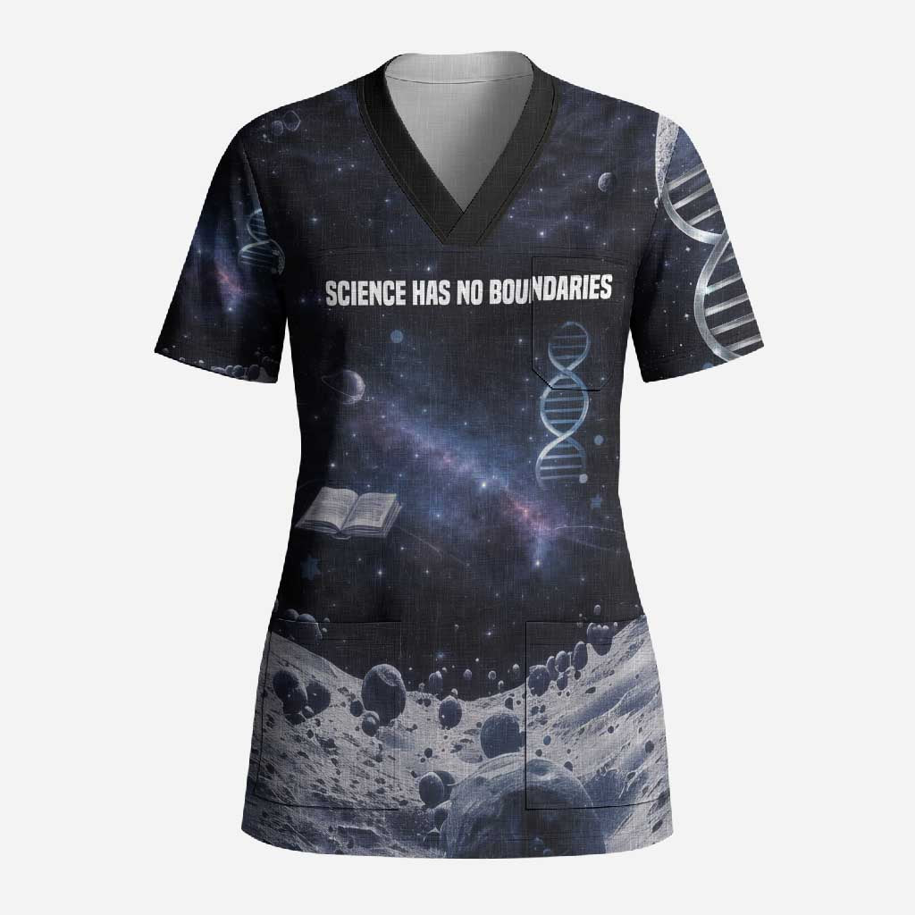 Mae Jemison Scrub Top with Space Portrait Design, Science Has No Boundaries Quote and DNA Book Elements - African Pride