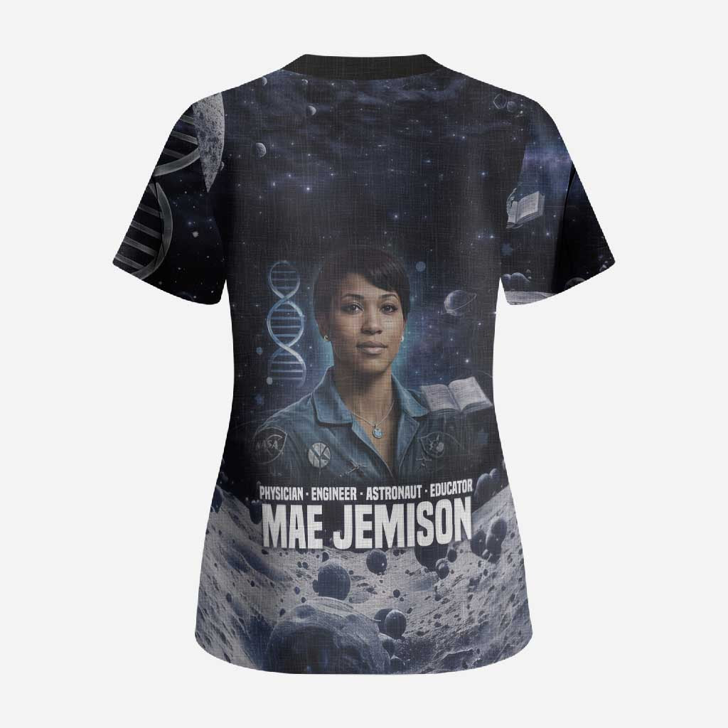 Mae Jemison Scrub Top with Space Portrait Design, Science Has No Boundaries Quote and DNA Book Elements - African Pride