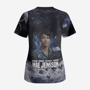 Mae Jemison Scrub Top with Space Portrait Design, Science Has No Boundaries Quote and DNA Book Elements - African Pride