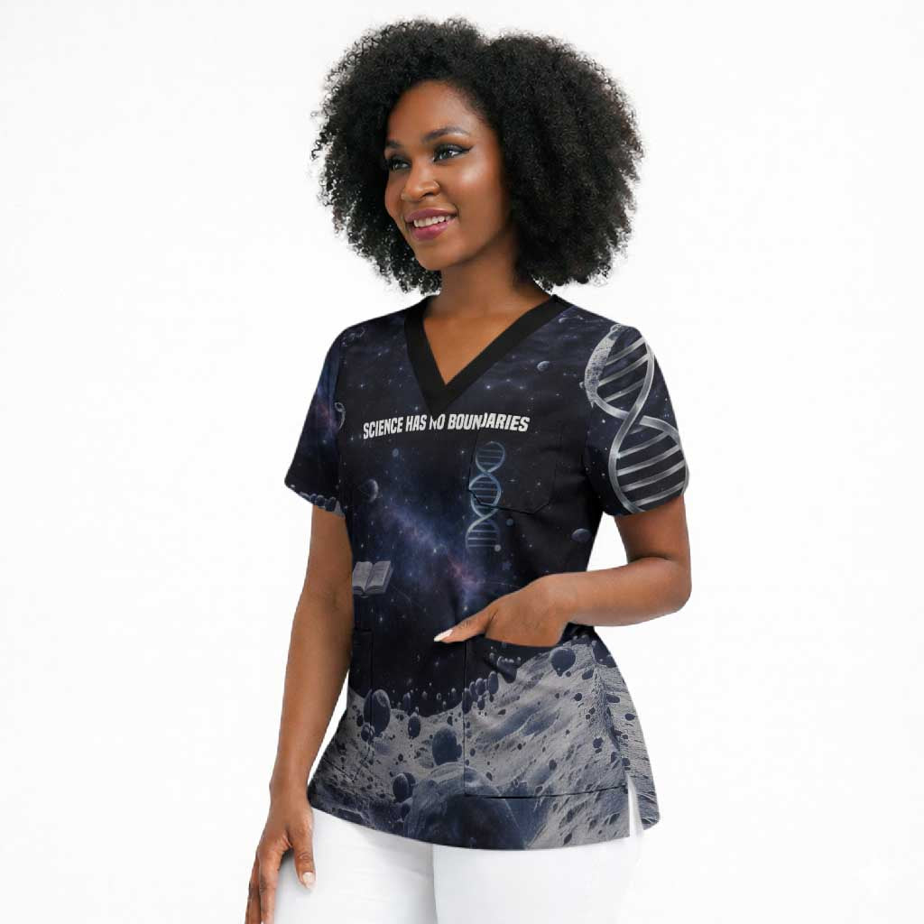 Mae Jemison Scrub Top with Space Portrait Design, Science Has No Boundaries Quote and DNA Book Elements - African Pride