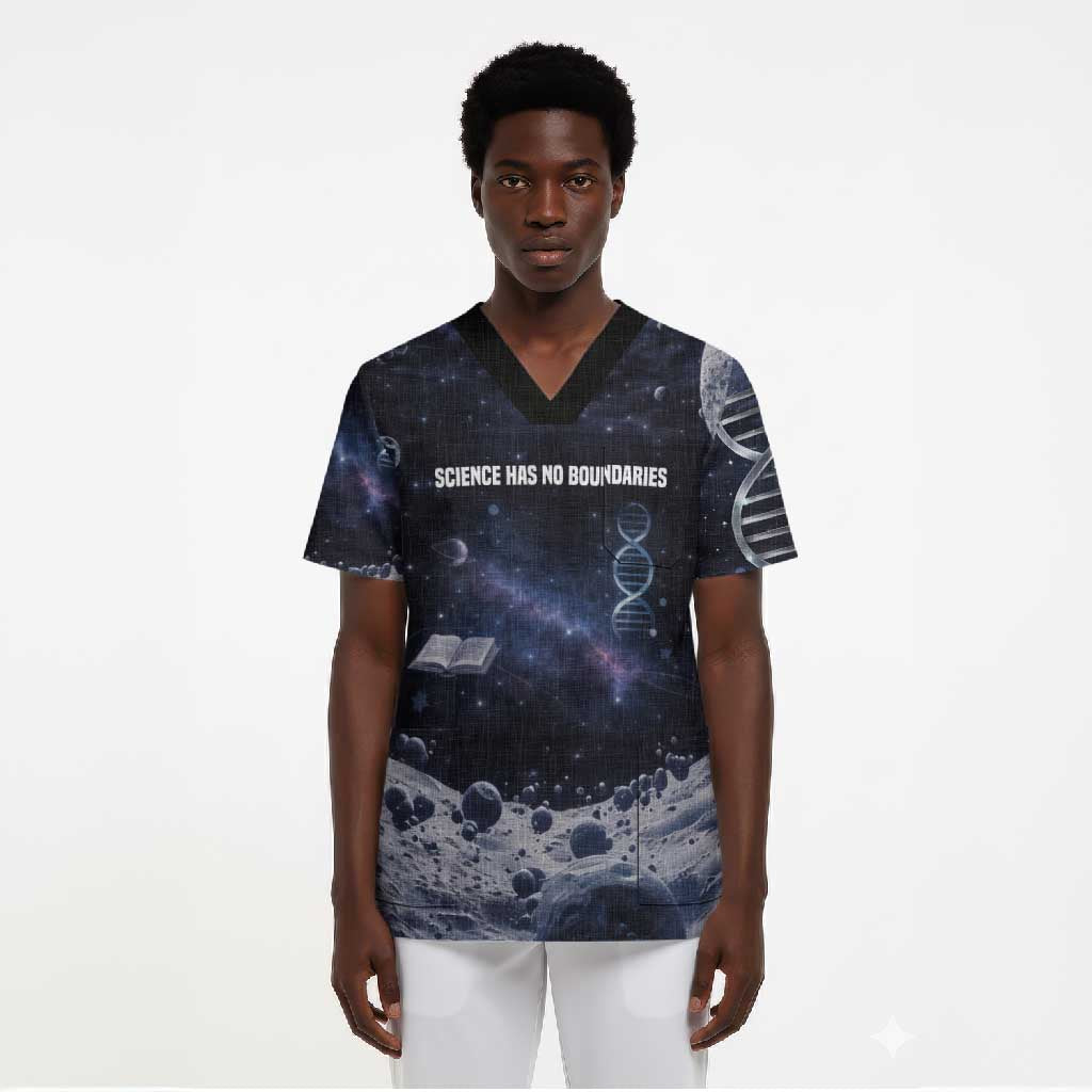 Mae Jemison Scrub Top with Space Portrait Design, Science Has No Boundaries Quote and DNA Book Elements - African Pride