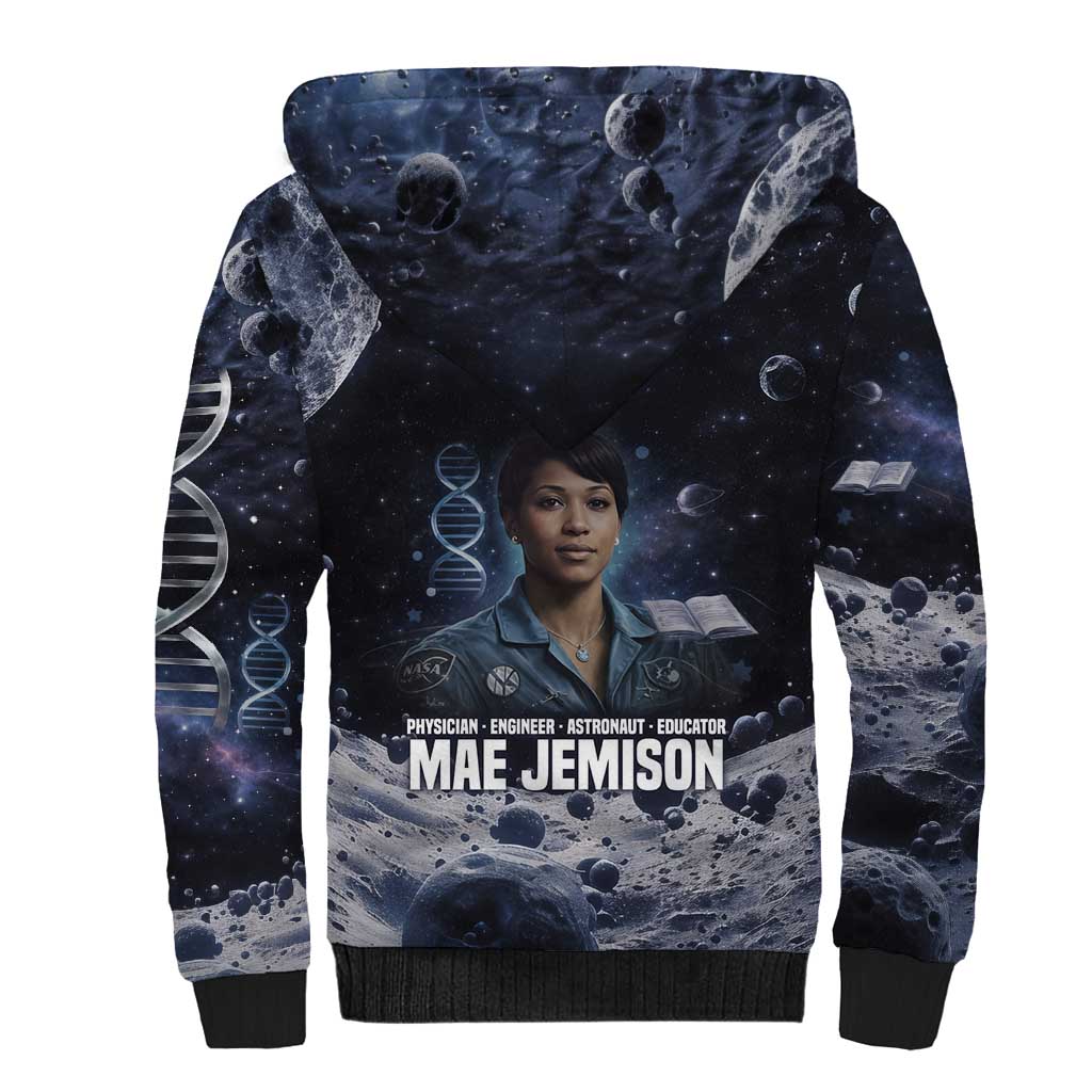 Mae Jemison Sherpa Hoodie with Space Portrait Design, Science Has No Boundaries Quote and DNA Book Elements - African Pride