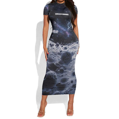 Mae Jemison Short Sleeve Bodycon Dress with Space Portrait Design, Science Has No Boundaries Quote and DNA Book Elements - African Pride