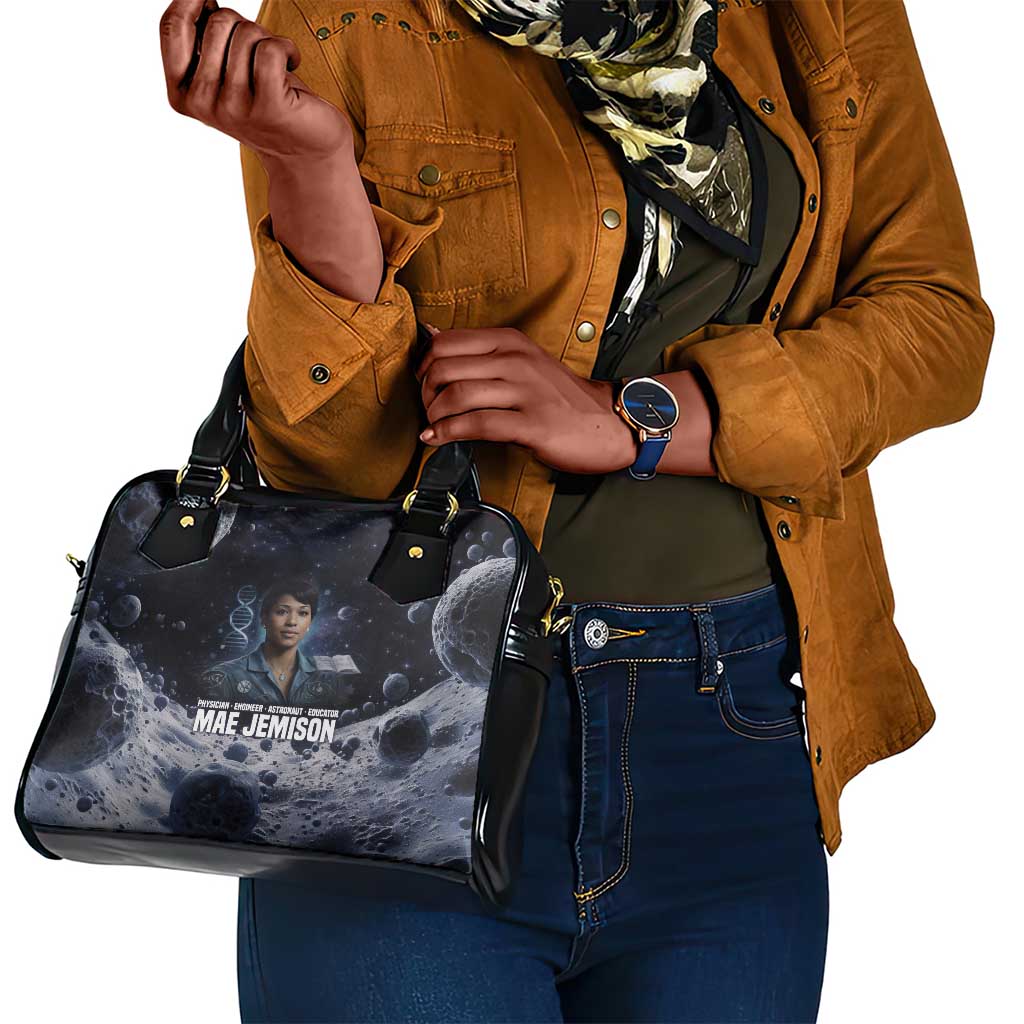 Mae Jemison Shoulder Handbag with Space Portrait Design, Science Has No Boundaries Quote and DNA Book Elements - African Pride