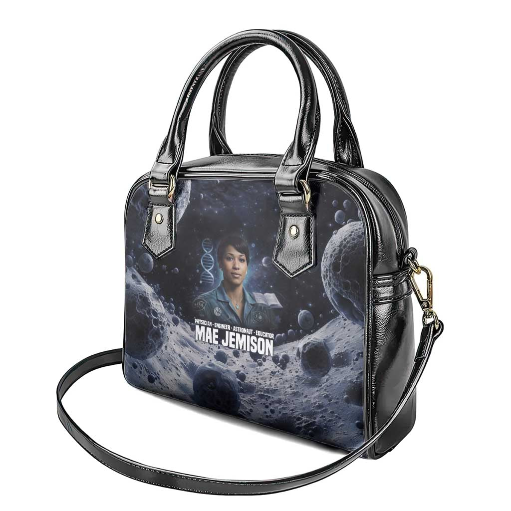 Mae Jemison Shoulder Handbag with Space Portrait Design, Science Has No Boundaries Quote and DNA Book Elements - African Pride