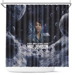 Mae Jemison Shower Curtain with Space Portrait Design, Science Has No Boundaries Quote and DNA Book Elements - African Pride