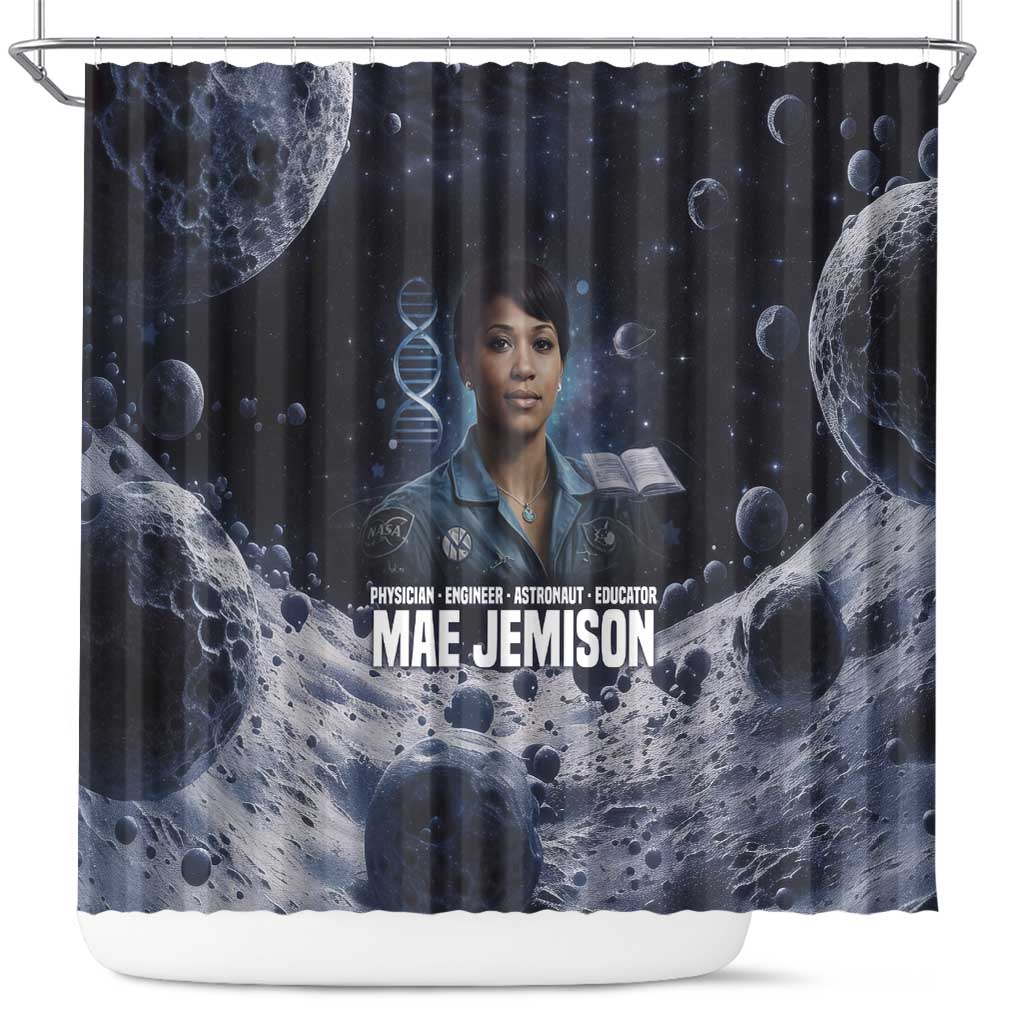 Mae Jemison Shower Curtain with Space Portrait Design, Science Has No Boundaries Quote and DNA Book Elements - African Pride