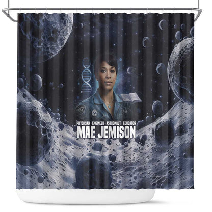 Mae Jemison Shower Curtain with Space Portrait Design, Science Has No Boundaries Quote and DNA Book Elements - African Pride