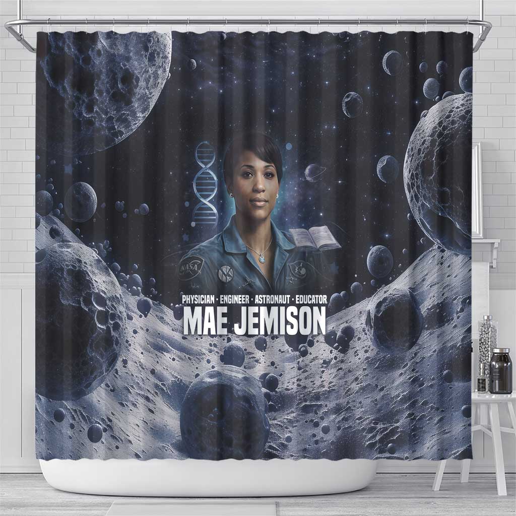 Mae Jemison Shower Curtain with Space Portrait Design, Science Has No Boundaries Quote and DNA Book Elements - African Pride