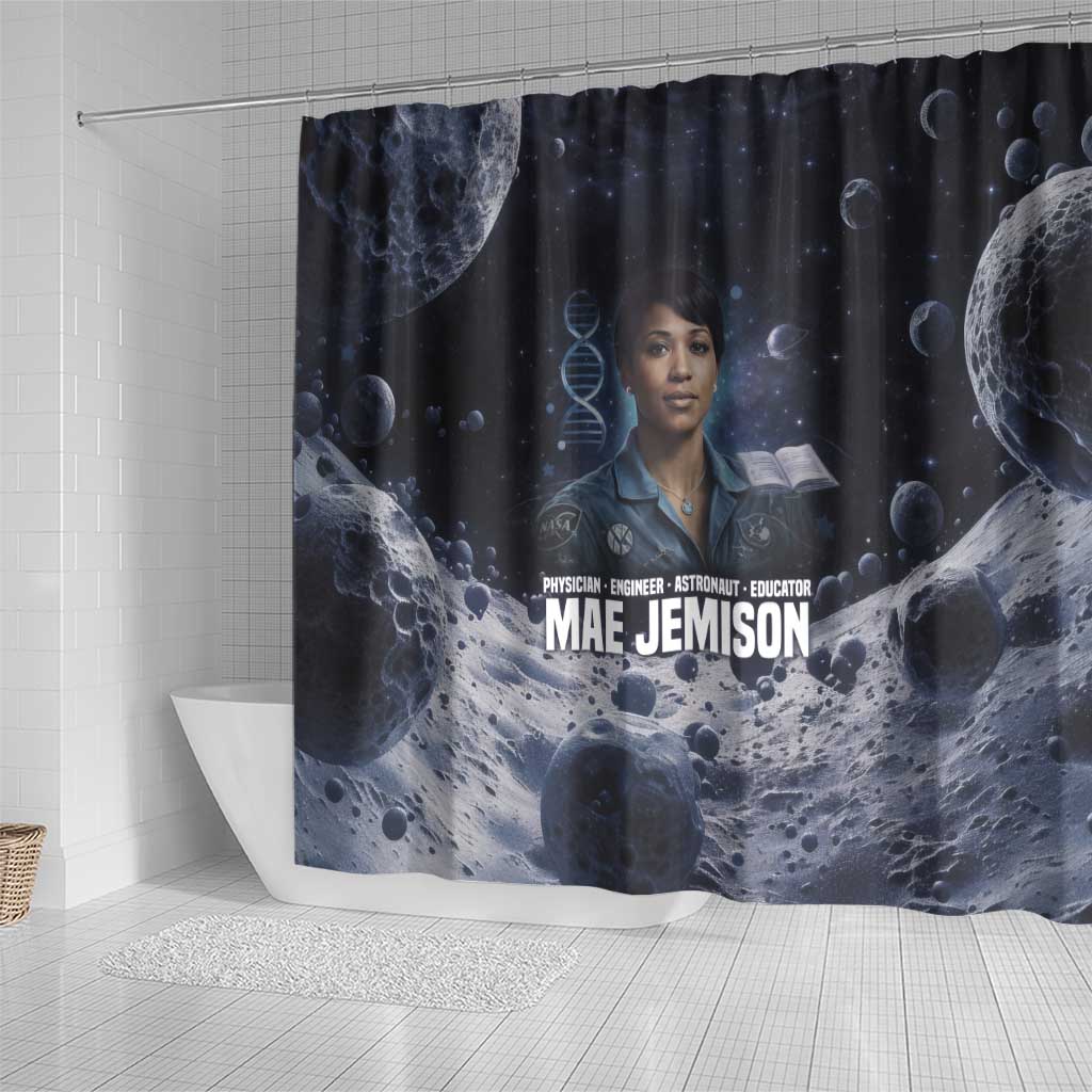 Mae Jemison Shower Curtain with Space Portrait Design, Science Has No Boundaries Quote and DNA Book Elements - African Pride
