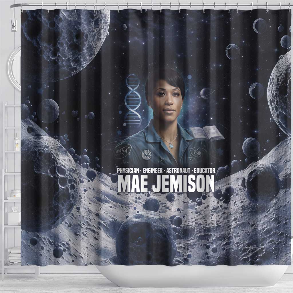 Mae Jemison Shower Curtain with Space Portrait Design, Science Has No Boundaries Quote and DNA Book Elements - African Pride