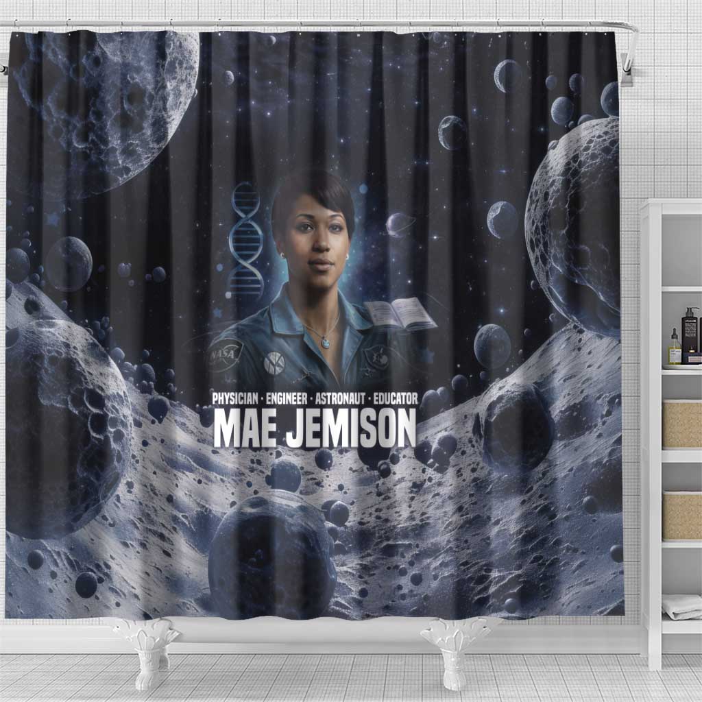 Mae Jemison Shower Curtain with Space Portrait Design, Science Has No Boundaries Quote and DNA Book Elements - African Pride