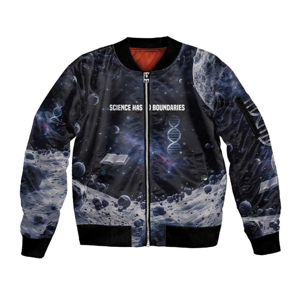 Mae Jemison Sleeve Zip Bomber Jacket with Space Portrait Design, Science Has No Boundaries Quote and DNA Book Elements - African Pride