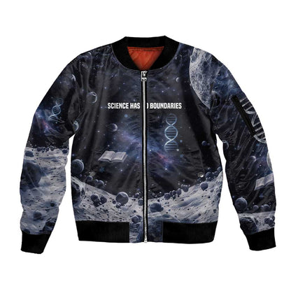 Mae Jemison Sleeve Zip Bomber Jacket with Space Portrait Design, Science Has No Boundaries Quote and DNA Book Elements - African Pride