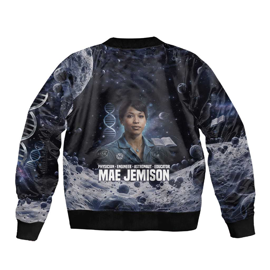 Mae Jemison Sleeve Zip Bomber Jacket with Space Portrait Design, Science Has No Boundaries Quote and DNA Book Elements - African Pride