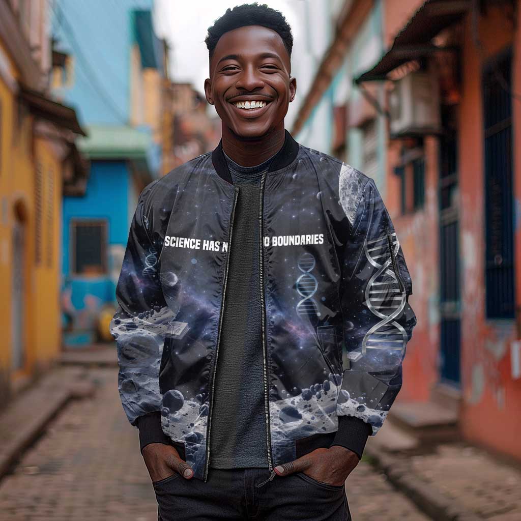 Mae Jemison Sleeve Zip Bomber Jacket with Space Portrait Design, Science Has No Boundaries Quote and DNA Book Elements - African Pride
