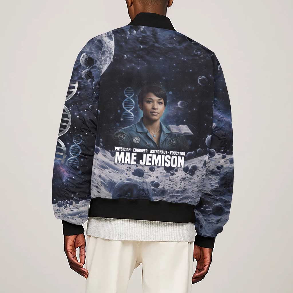 Mae Jemison Sleeve Zip Bomber Jacket with Space Portrait Design, Science Has No Boundaries Quote and DNA Book Elements - African Pride