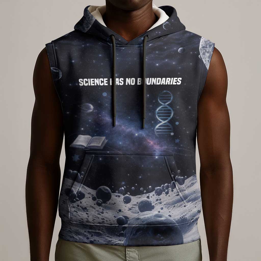 Mae Jemison Sleeveless Hoodie with Space Portrait Design, Science Has No Boundaries Quote and DNA Book Elements - African Pride
