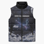 Mae Jemison Sleeveless Puffer Jacket with Space Portrait Design, Science Has No Boundaries Quote and DNA Book Elements - African Pride