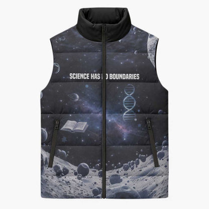 Mae Jemison Sleeveless Puffer Jacket with Space Portrait Design, Science Has No Boundaries Quote and DNA Book Elements - African Pride