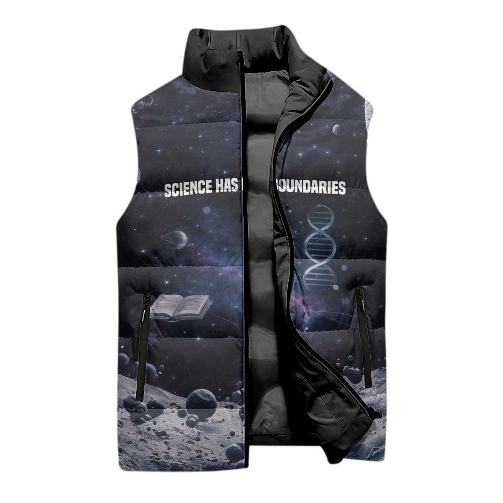 Mae Jemison Sleeveless Puffer Jacket with Space Portrait Design, Science Has No Boundaries Quote and DNA Book Elements - African Pride