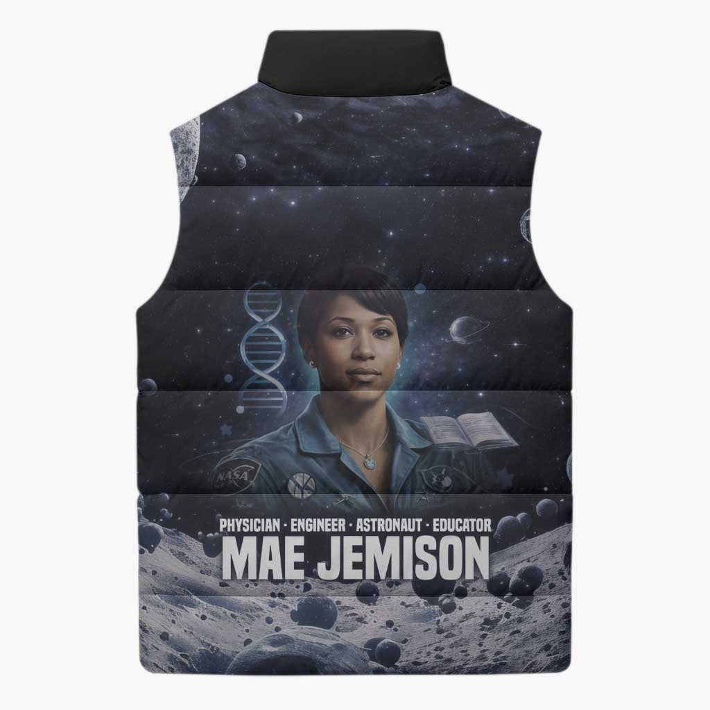 Mae Jemison Sleeveless Puffer Jacket with Space Portrait Design, Science Has No Boundaries Quote and DNA Book Elements - African Pride