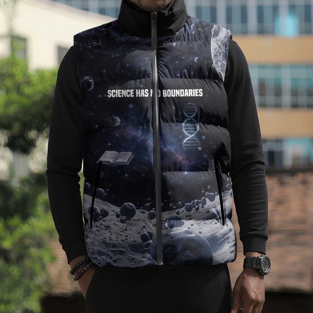 Mae Jemison Sleeveless Puffer Jacket with Space Portrait Design, Science Has No Boundaries Quote and DNA Book Elements - African Pride