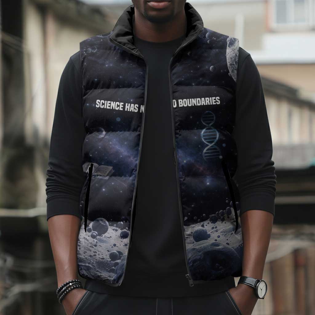 Mae Jemison Sleeveless Puffer Jacket with Space Portrait Design, Science Has No Boundaries Quote and DNA Book Elements - African Pride