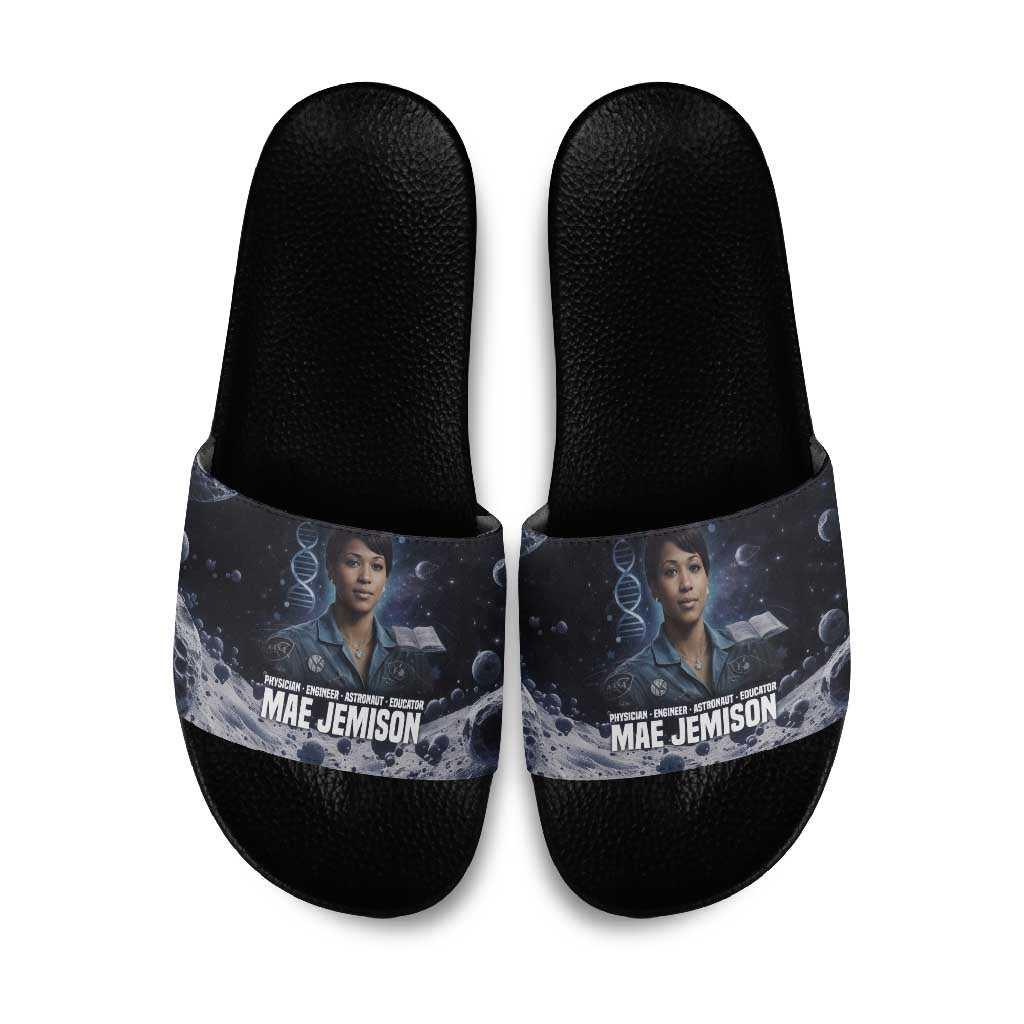 Mae Jemison Slide Sandals with Space Portrait Design, Science Has No Boundaries Quote and DNA Book Elements - African Pride