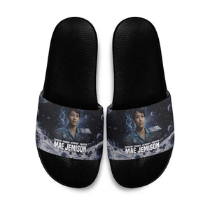 Mae Jemison Slide Sandals with Space Portrait Design, Science Has No Boundaries Quote and DNA Book Elements - African Pride
