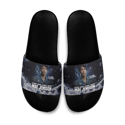 Mae Jemison Slide Sandals with Space Portrait Design, Science Has No Boundaries Quote and DNA Book Elements - African Pride
