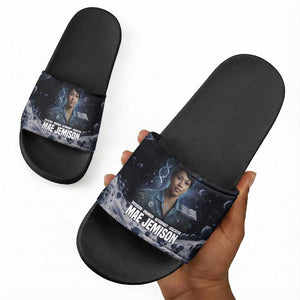 Mae Jemison Slide Sandals with Space Portrait Design, Science Has No Boundaries Quote and DNA Book Elements - African Pride