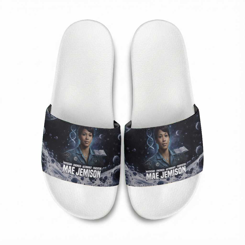 Mae Jemison Slide Sandals with Space Portrait Design, Science Has No Boundaries Quote and DNA Book Elements - African Pride