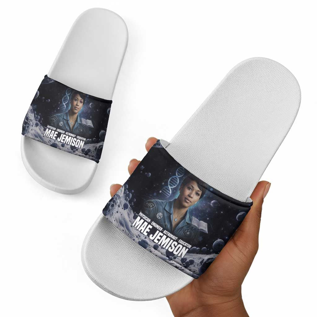 Mae Jemison Slide Sandals with Space Portrait Design, Science Has No Boundaries Quote and DNA Book Elements - African Pride