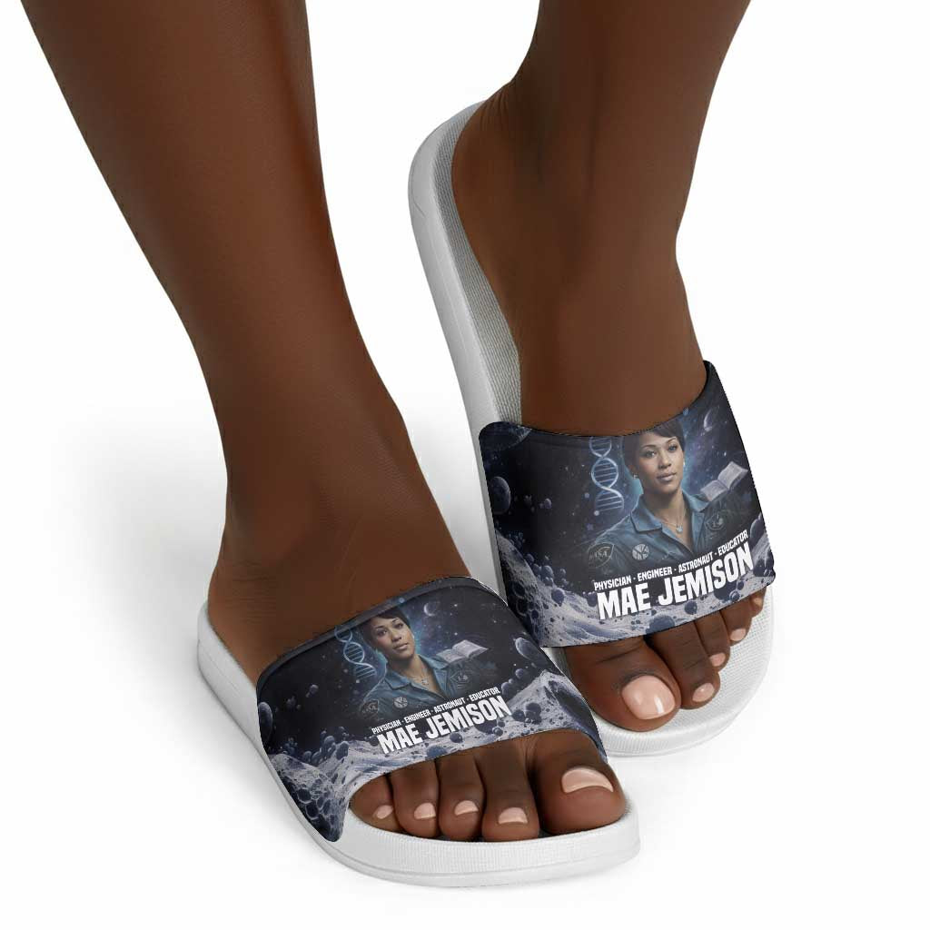 Mae Jemison Slide Sandals with Space Portrait Design, Science Has No Boundaries Quote and DNA Book Elements - African Pride